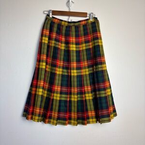 Vintage 60s 70s Tartan Pleated Wool Midi Skirt Green Yellow Red Size 9/10